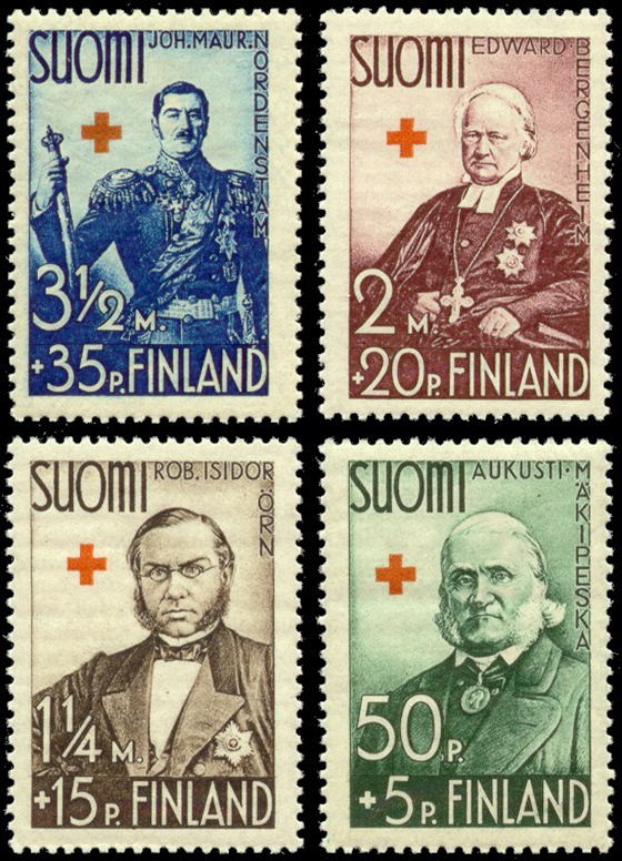 Postimerkit August (Aukusti) Mäkipeskasta, Johan Mauritz Nordenstamista, Robert Isidor Örnistä ja Edvard Bergenheimista.